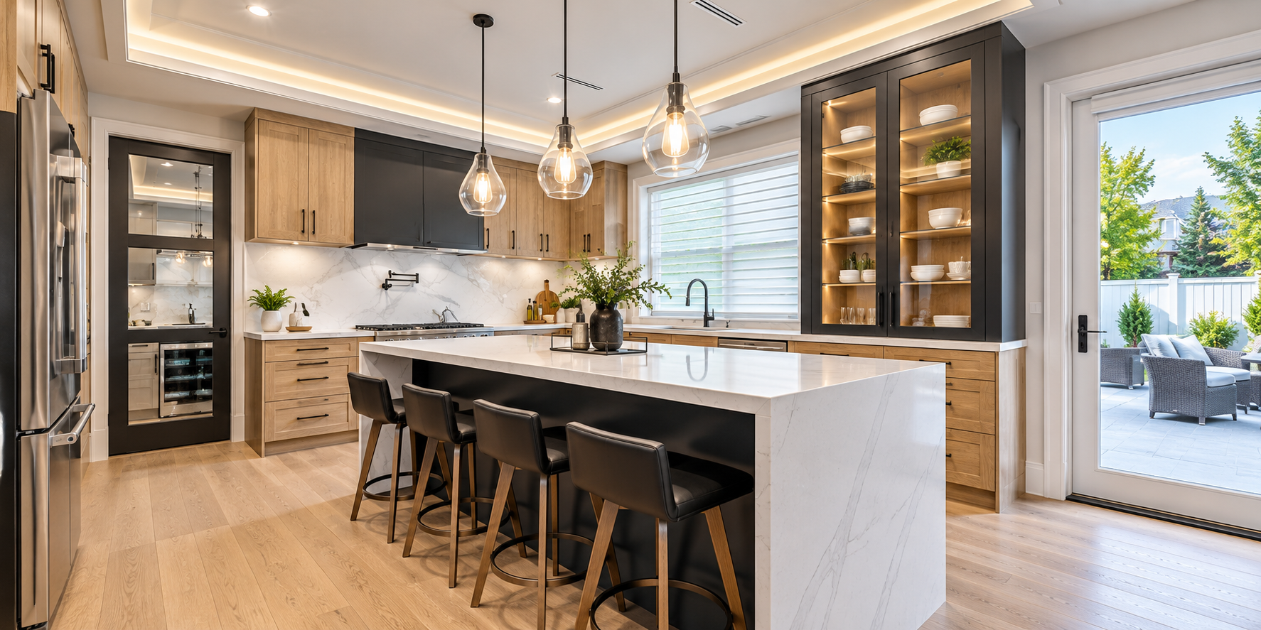 Cocina moderna de lujo con isla y patio